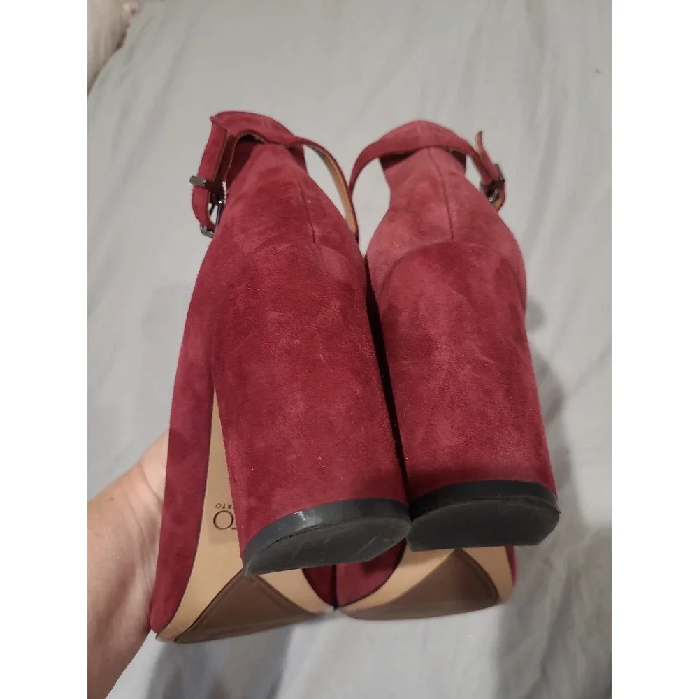 Abbington Burgundy Suede Franco Sarto Pump Women's SZ 10M ankle strap block heel